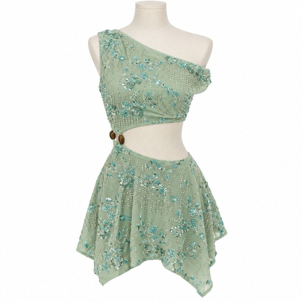 NWT Peppermayo Aletta Sequin Mini Dress Mint US 8 One Shoulder Cutout Beaded